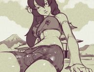 drawing blushing monochrome large_breasts futanari penis sitting bulge looking_down inside_clothing bell no_background cysh_aizen kononiko