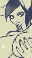 drawing giantess monochrome black_hair large_breasts smiling short_hair looking_down no_background rabbit_ears kononiko