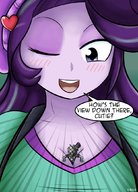 drawing gentle giantess blushing color large_breasts long_hair clothed cleavage purple_hair purple_eyes open_mouth commission dialogue purple_skin my_little_pony winking dinobirdofdoom equestria_girls looking_at_tiny humanized_pony between_breasts starlight_glimmer checkerboardcn