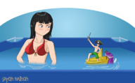 breasts drawing blushing black_hair color swimsuit blue_eyes water toy pool shrunken_man boats bikini_top sayerraider