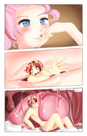 drawing giantess vore horns comic blue_eyes licking saliva pink_hair red_hair panels my_little_pony pinkie_pie saintxtail flim_and_flam