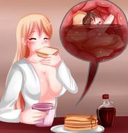 drawing giantess vore blonde girlfriend digestion unaware breakfast closed_eyes pancakes syrup toast saintxtail
