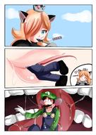 drawing giantess vore blonde comic blue_eyes brunette nintendo luigi super_mario video_game panels princess_rosalina saintxtail super_marlo_3d_world