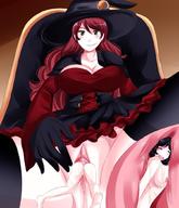 drawing giantess insertion green_eyes smiling red_hair dress witch shrunken_woman cruel saintxtail