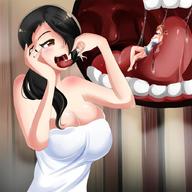 drawing giantess vore black_hair saliva brown_eyes shrunken_man white_dress saintxtail