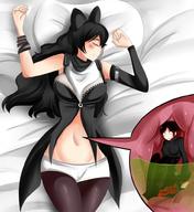 drawing giantess vore sleeping black_hair bed stomach shrunken_man bedroom closed_eyes rwby ruby_rose blake_belladonna saintxtail furry_hair