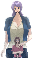 drawing long_hair purple_hair huge_breasts brunette multiple_sizes mini_giantess no_background