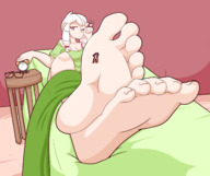 white_hair crush long_hair toes barefoot cleavage soles glasses blood lying_down shrunken_man stuck_to_foot jj-psychotic sleepy