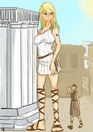 blushing blonde large_breasts long_hair mini_giantess sandals walking looking_down outdoors waving
