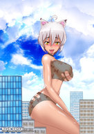 drawing giantess white_hair city large_breasts cat_ears short_hair sitting fangs open_mouth outdoors ahoge skimpy_clothing boobsensei