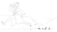 drawing giantess monochrome long_hair high_heels kimono ponytail sandals fighting outdoors running_away no_background cutaway
