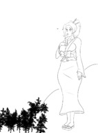 drawing giantess monochrome long_hair high_heels kimono ponytail sandals outdoors no_background