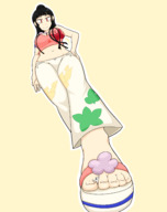 drawing black_hair large_breasts long_hair clothed cleavage low_angle looking_down between_toes jj-psychotic no_background hair_bun