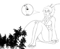 drawing giantess monochrome long_hair high_heels kimono ponytail sitting sandals outdoors no_background