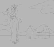 drawing giantess monochrome long_hair destruction handheld high_heels kimono ponytail sandals outdoors no_background