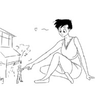 drawing black_hair clothed short_hair sitting heart looking_down outdoors poking no_background