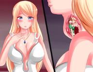 drawing giantess vore blonde comic saliva blue_hair shrunken_woman swallowed white_dress panels saintxtail