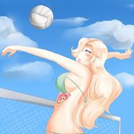 bikini drawing giantess vore blonde purple_eyes volleyball shrunken_woman saintxtail