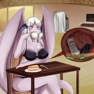 drawing giantess vore wings bra red_eyes drink table breakfast grey_hair saintxtail