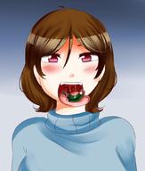 drawing giantess vore saliva brunette pink_eyes shrunken_man saintxtail blue_sweater