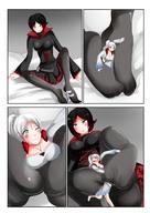 drawing giantess comic black_hair long_hair bed stockings foot_play shrunken_woman bedroom panels rwby ruby_rose weiss_schnee saintxtail
