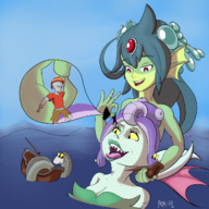 drawing giantess color long_hair crossover water blue_hair mermaid giantesses dangle ships pirate imminent_vore green_skin detail giga_mermaid shantae_half-genie_hero cuphead cala_maria melancholicmash