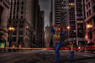 giantess city long_hair huge_breasts ponytail mini_giantess outdoors thick_thighs digital_render spider-man marvel_comics