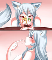 drawing giantess vore furry tail red_eyes table shrunken_woman grey_hair saintxtail
