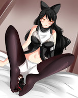 drawing giantess black_hair bed stockings yellow_eyes foot_play shrunken_woman cruel bedroom saintxtail
