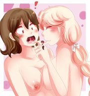 drawing giantess nude vore blonde color long_hair brunette brown_eyes short_hair saintxtail