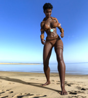 black_hair clothed beach barefoot short_hair shrunken_man looking_down dark_skin pinned outdoors skimpy_clothing uschi3