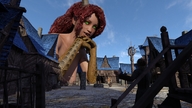 horns city long_hair green_eyes smiling red_hair lying_down fangs outdoors dragon_girl sharp_teeth scalie mundogts