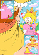 drawing growth giantess blonde long_hair princess_peach brunette surprised looking_down hands_on_hips panels princess_daisy cutaway tdart