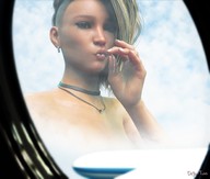 vore blonde long_hair train airplane looking_down choker necklace earrings digital_render pursed_lips innocent-owl