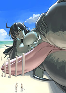 drawing giantess color large_breasts long_hair futanari penis beach lying_down muscles looking_down outdoors ahoge monster_girl spear mikoyanan