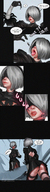 drawing white_hair vore comic color tongue butt mouth stockings shrunken_man panels blindfold no_background nier_automata 1zumy 2b 9s