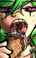 drawing vore color tongue mouth licking saliva purple_eyes ice_cream green_hair shrunken_man staring piercing mouse_boy mspaintgts
