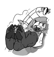 drawing furry anthro monochrome long_hair barefoot bath on_foot no_background emmacat64