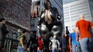city cleavage huge_breasts mini_giantess looking_down outdoors big_butt crowds digital_render dinner-kun