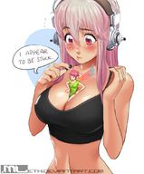 breasts drawing gentle blushing wings color large_breasts long_hair clothed cleavage fairy pink_hair ponytail pink_eyes headphones shrunken_woman looking_down stuck top dialogue no_background looking_at_tiny pointed_ears sonico bare_midriff mleth between_breasts erylia