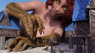 city dragon large_breasts long_hair topless smiling red_hair lying_down outdoors between_fingers monster_girl pinched digital_render mundogts