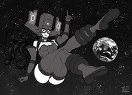 drawing panties earth giga space monochrome black_hair long_hair butt cleavage smiling boots costume galacta floating legs_crossed marvel_comics