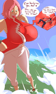 drawing giantess giga sakura_haruno huge_breasts smiling pink_hair lying_down short_hair sandals looking_down dialogue thaddeusmcboosh on_breasts