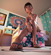 bed foot_worship sitting unaware shrunken_man indoors flip_flops bedroom digital_render uschi3