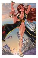 drawing giantess large_breasts long_hair cleavage shoes brunette smiling posing looking_down outdoors bracelet ericalannelson skimpy_clothing