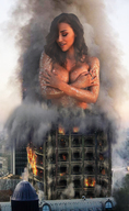 growth giantess collage long_hair destruction cleavage buildings brunette outgrowing_building fire smoke rings debris fanta333 ana_cheri