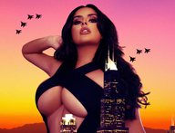 collage city mega black_hair long_hair cleavage buildings dress jets sunset looking_at_viewer abigail_ratchford fanta333