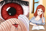 drawing micro large_breasts long_hair red_hair sitting unaware indoors writing crowds panels giantwaifus