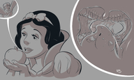 drawing vore comic monochrome short_hair apple unaware open_mouth disney hair_bow hairband internal_view snow_white kisparlius