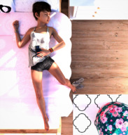 sleeping black_hair bed lying_down short_hair foot_worship sitting unaware shrunken_man indoors flip_flops bedroom digital_render uschi3